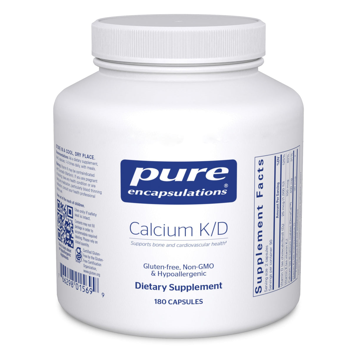 Pure Encapsulations Calcium K/D bottle on table highlighting bone-supporting formula.