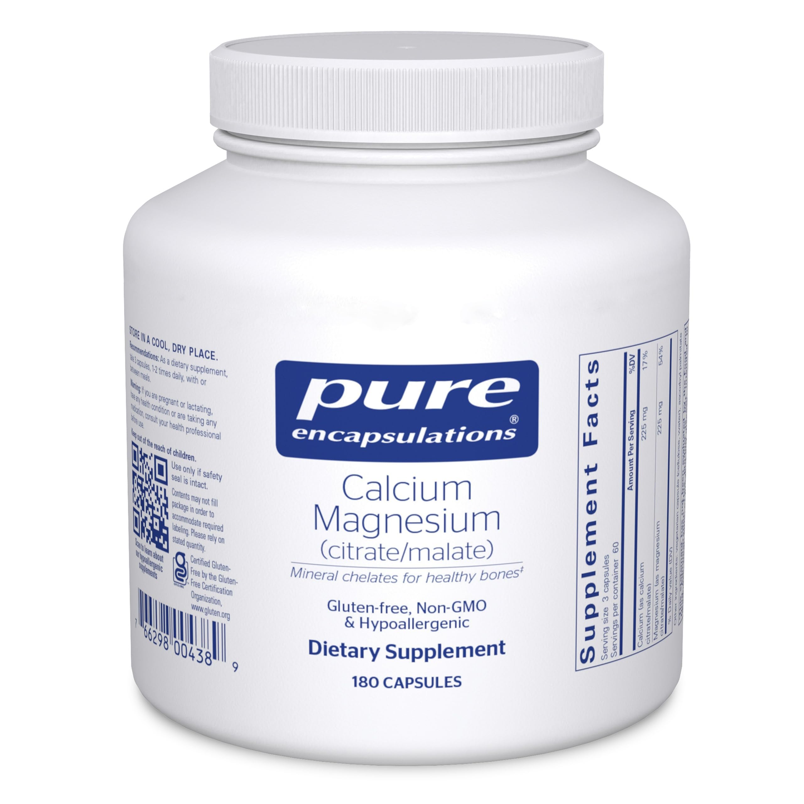 Pure Encapsulations calcium magnesium bottle with clear label, supporting bone and heart health.