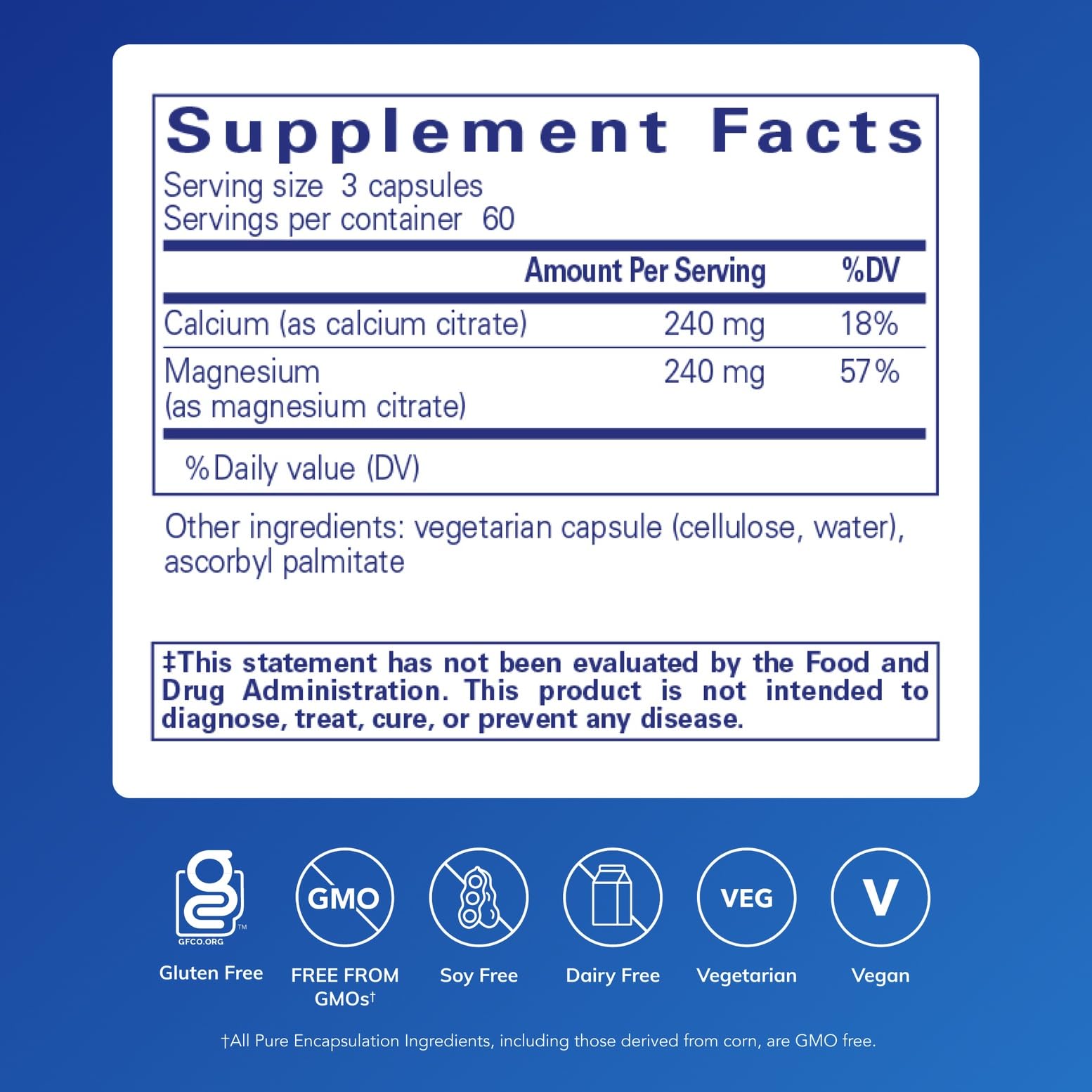 Pure Encapsulations Calcium Magnesium Citrate bottle label shows vegan, non-GMO formula