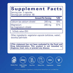 Pure Encapsulations Calcium Magnesium Citrate bottle label shows vegan, non-GMO formula