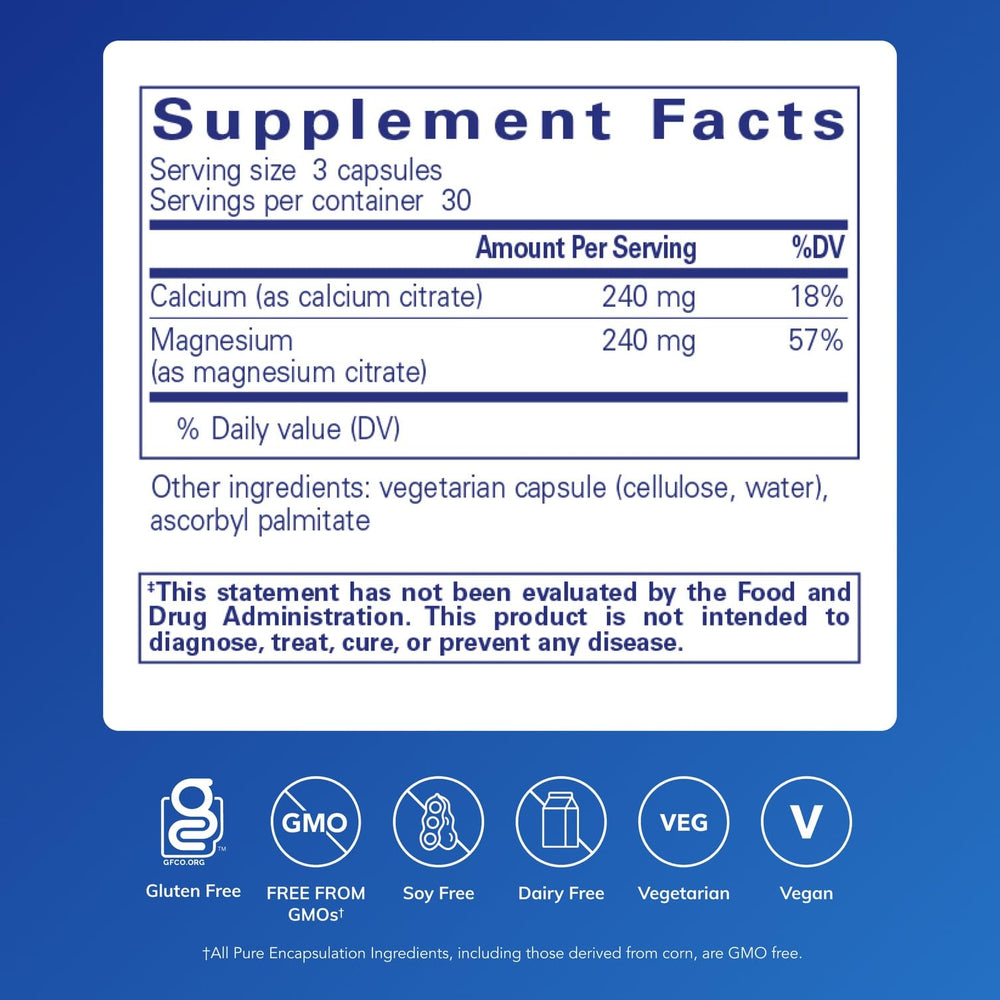 Pure Encapsulations Calcium Magnesium (Citrate) capsules close-up, highlighting easy absorption.