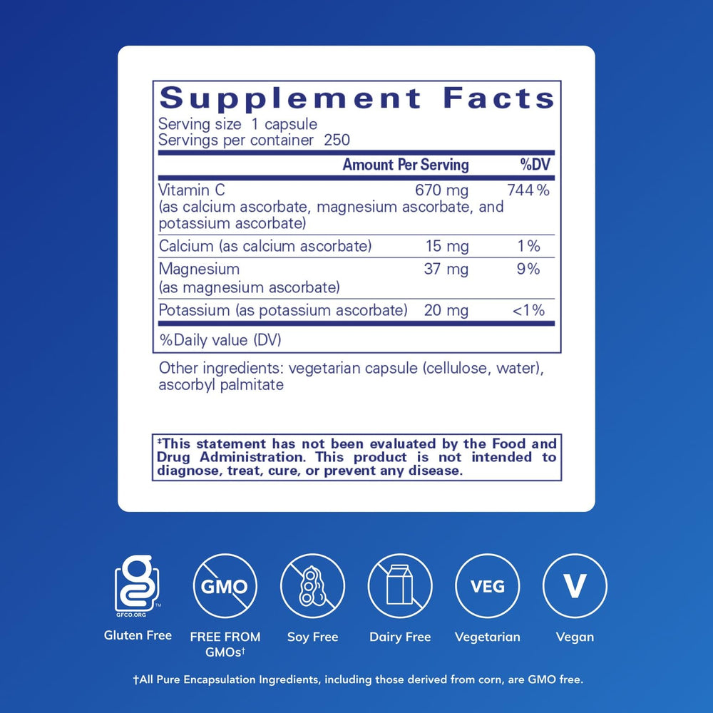 Pure Encapsulations Calcium Magnesium Potassium Ascorbate capsules for gentler stomach comfort.