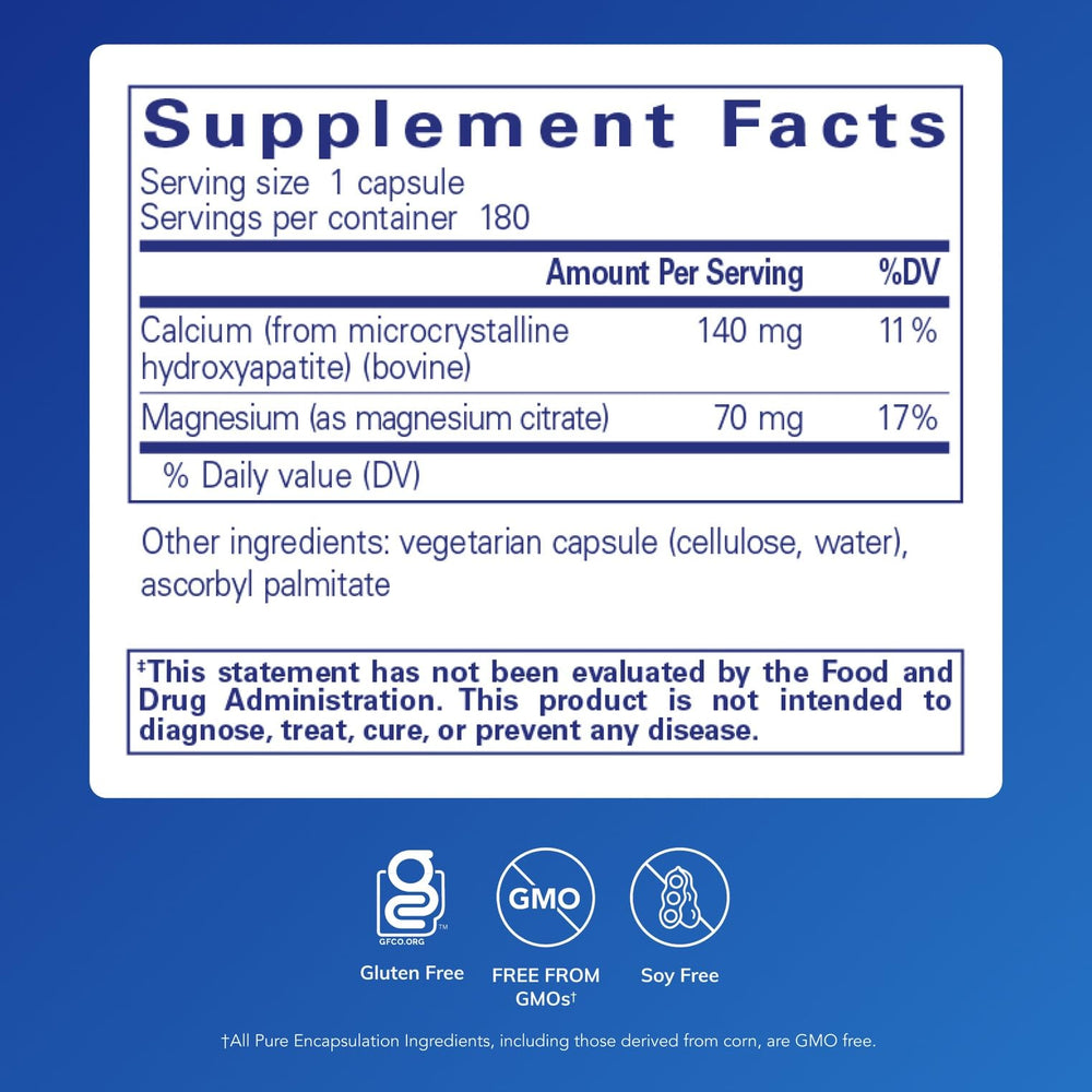 Pure Encapsulations Calcium MCHA bottle side view with supplement facts emphasizing electrolyte balance