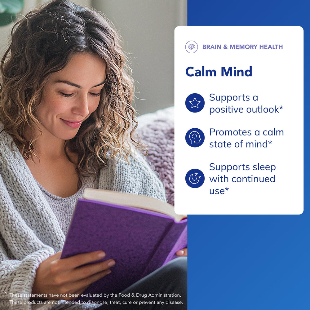 Close-up of Calm Mind label highlighting gluten-free and non-GMO.