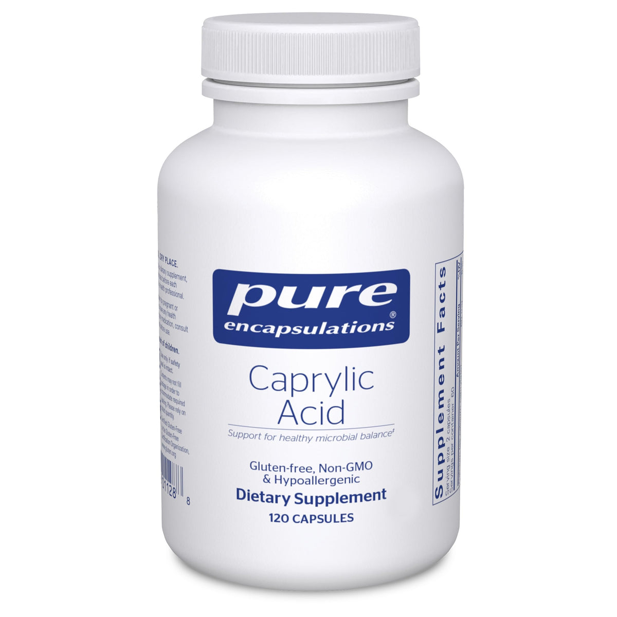 Pure Encapsulations Caprylic Acid bottle shown, supporting gentle GI balance and digestive comfort.