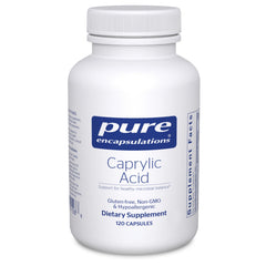 Pure Encapsulations Caprylic Acid bottle shown, supporting gentle GI balance and digestive comfort.