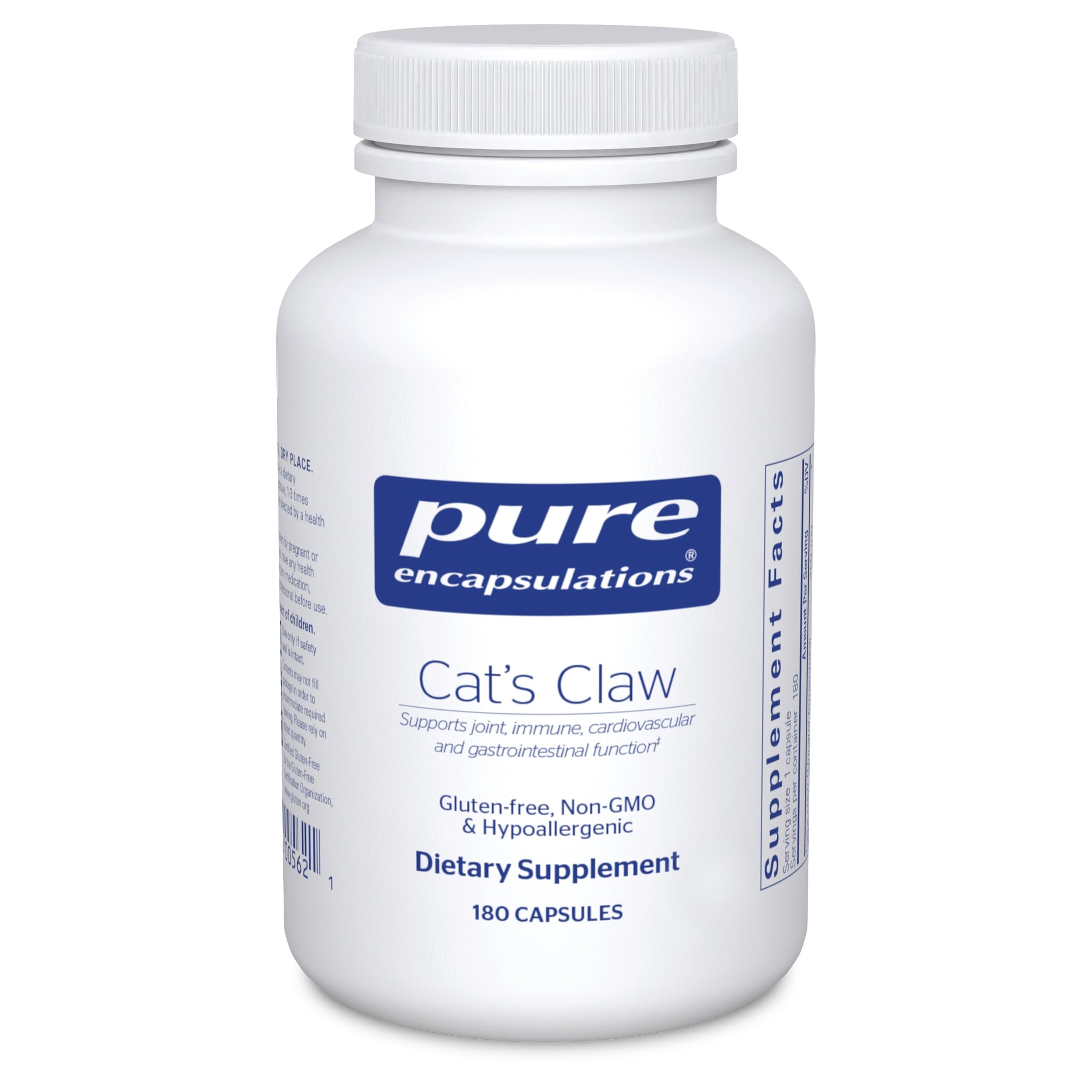Pure Encapsulations Cat's Claw bottle front shows premium packaging for daily use.