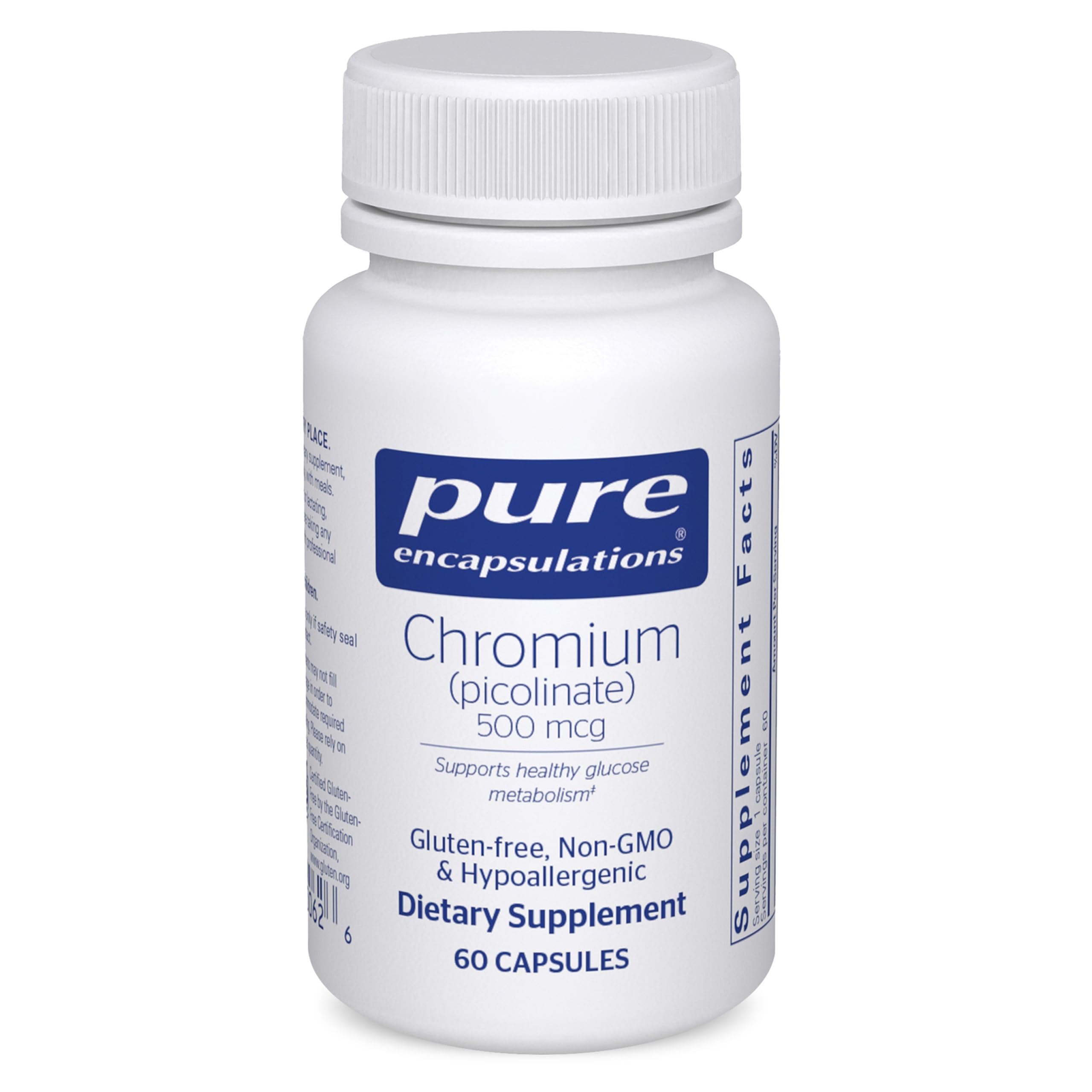 Pure Encapsulations Chromium Picolinate 500 mcg bottle showing vegan gluten-free formula