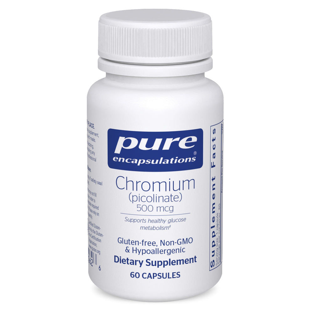 Pure Encapsulations Chromium Picolinate 500 mcg bottle showing vegan gluten-free formula