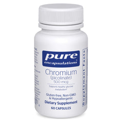 Pure Encapsulations Chromium Picolinate 500 mcg bottle showing vegan gluten-free formula