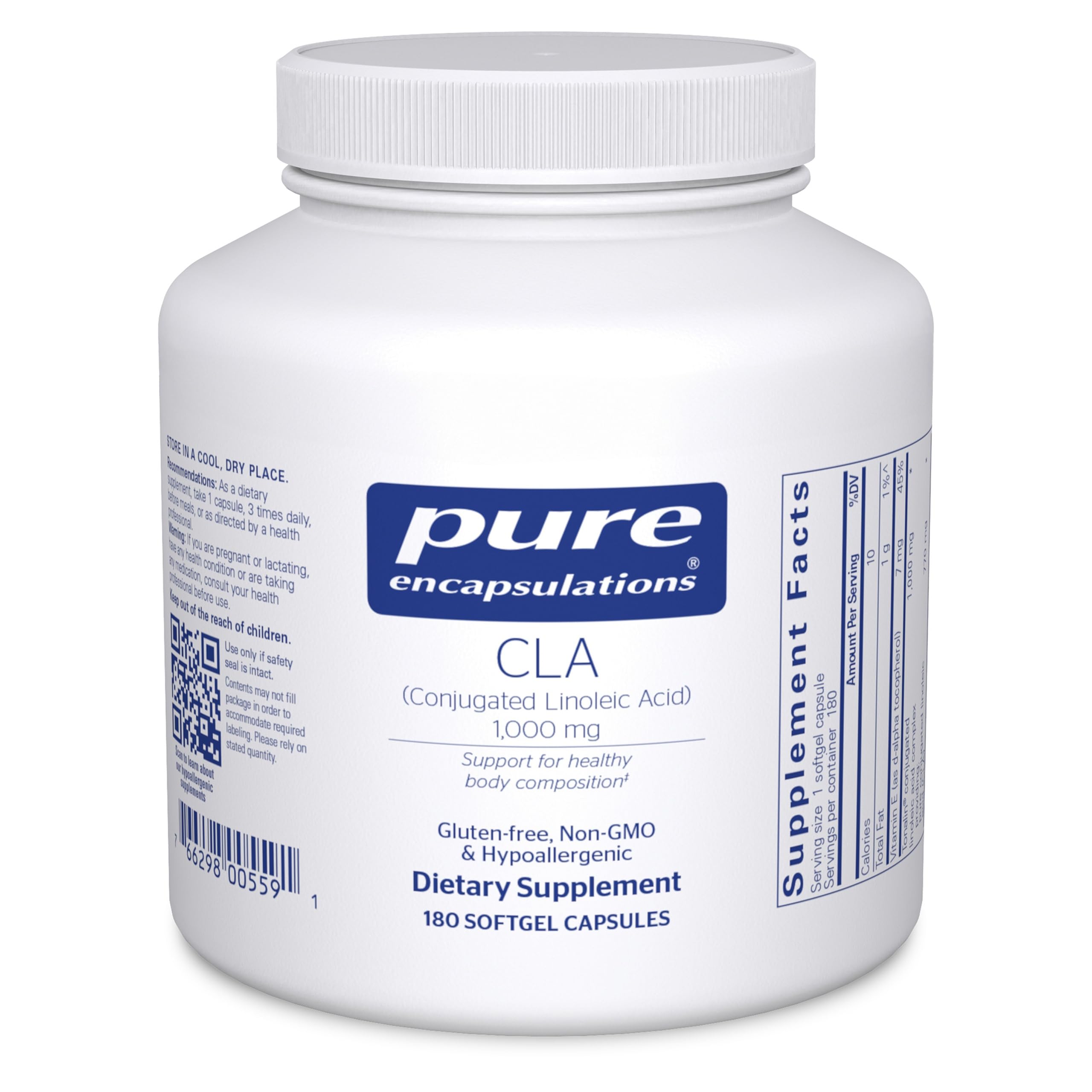 Pure Encapsulations CLA 1000mg bottle with softgels supports healthy body composition with exercise.