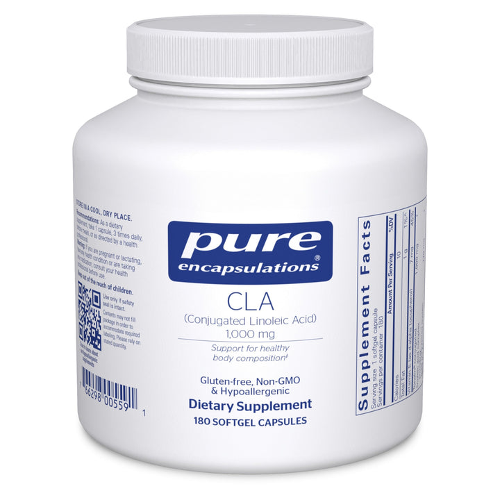 Pure Encapsulations CLA 1000mg bottle with softgels supports healthy body composition with exercise.