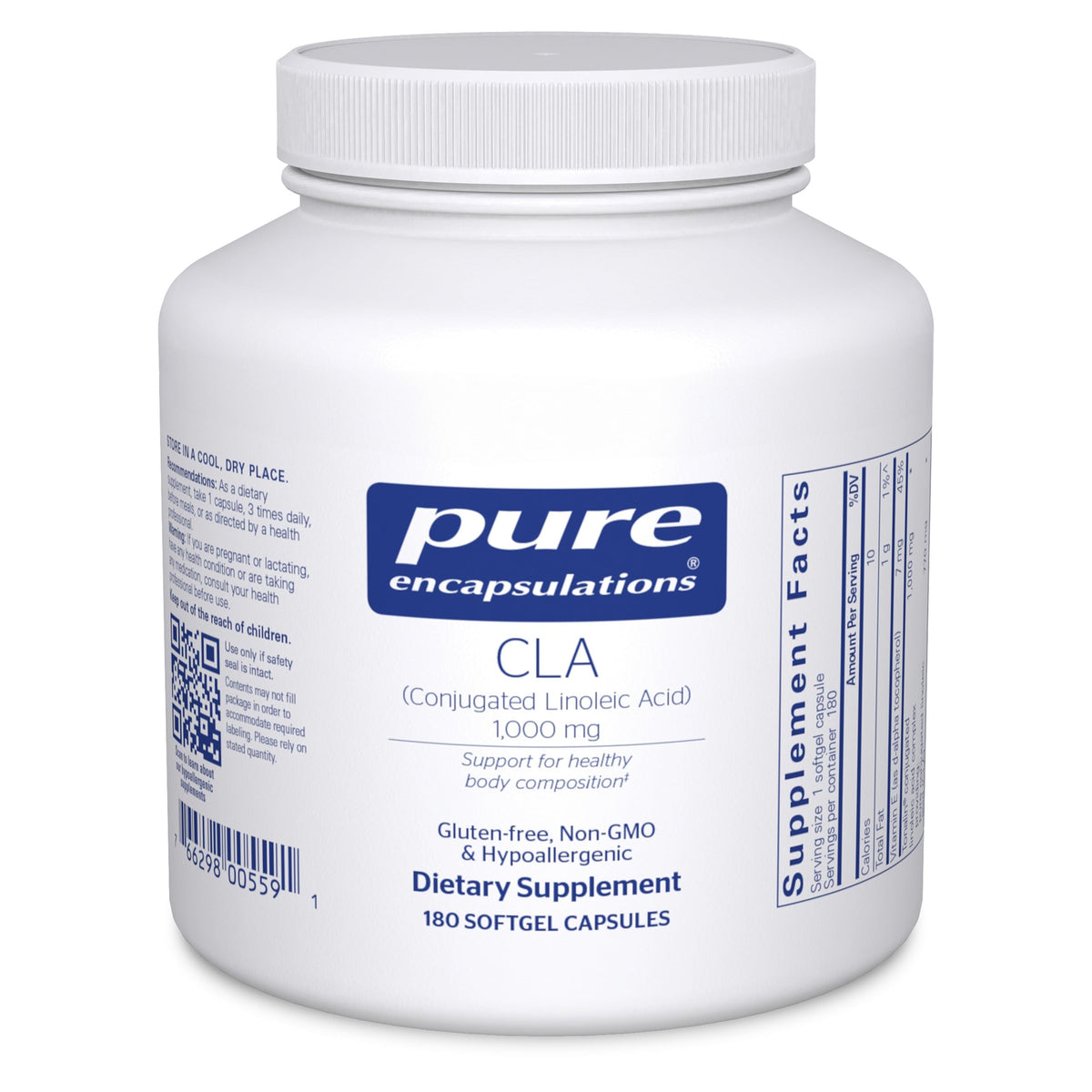 Pure Encapsulations CLA 1000mg bottle with softgels supports healthy body composition with exercise.