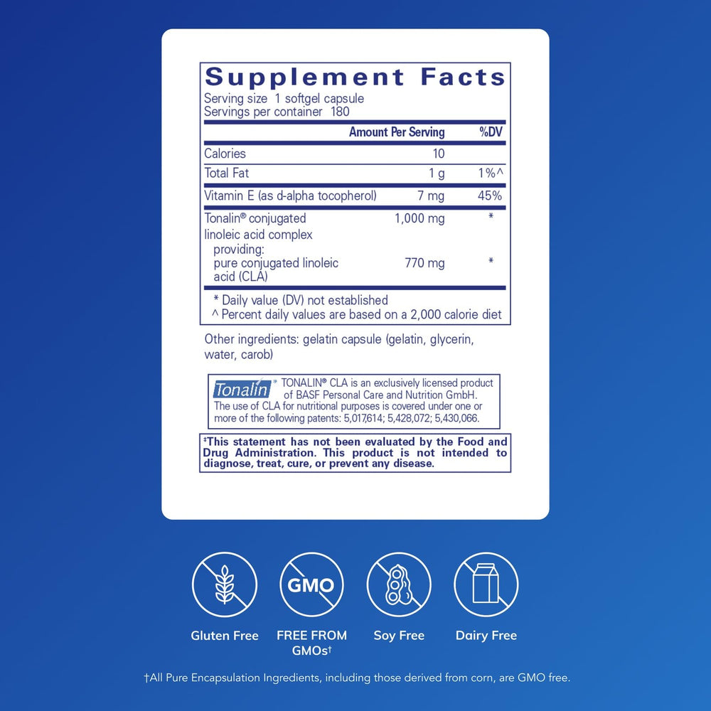 Pure Encapsulations CLA 1000mg softgels close-up emphasizes smooth, easy-to-swallow capsules.