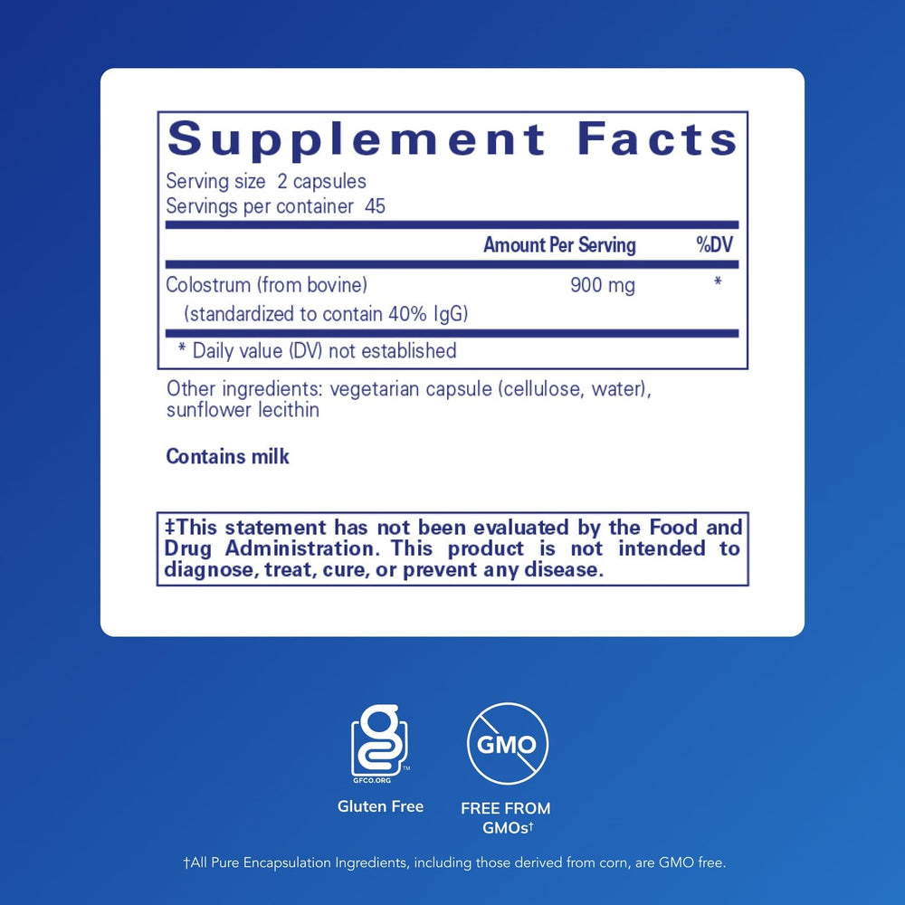 Pure Encapsulations Colostrum capsules shown for easy daily immune balance.