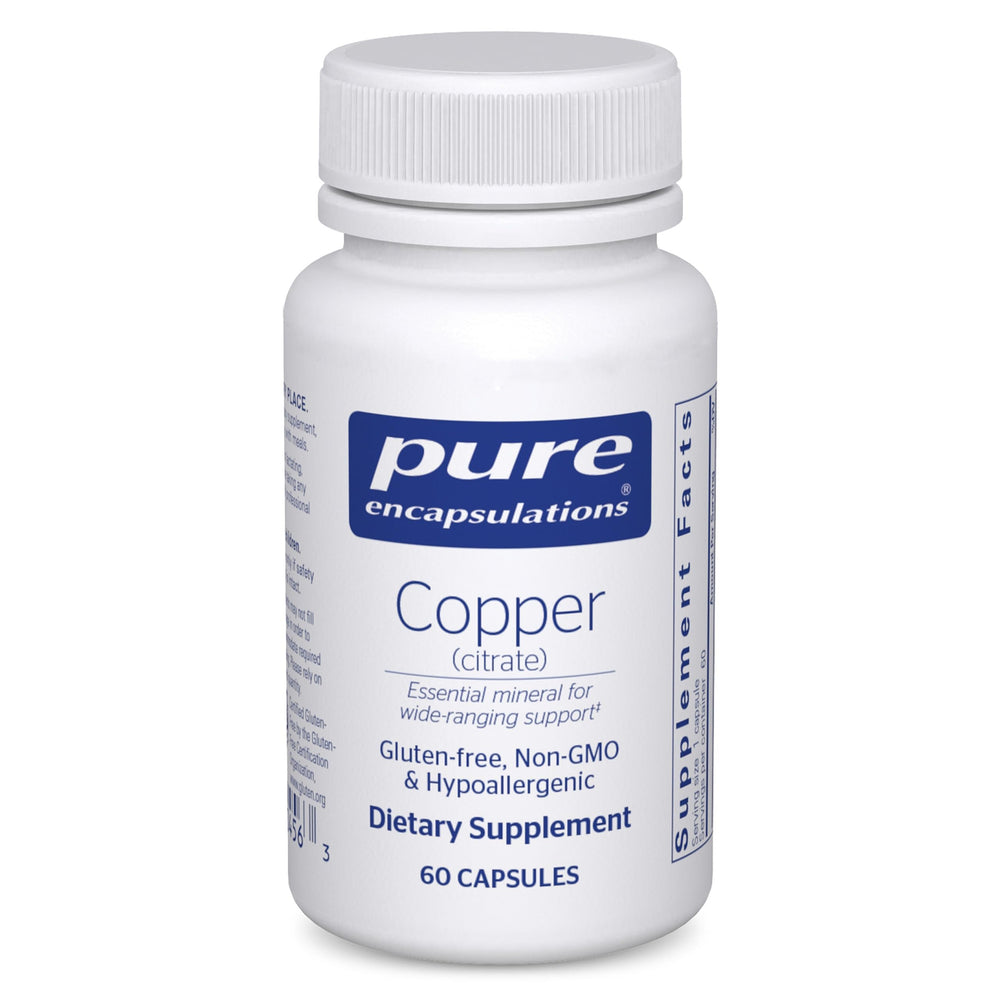 Pure Encapsulations Copper (Citrate) bottle front showing premium mineral supplement