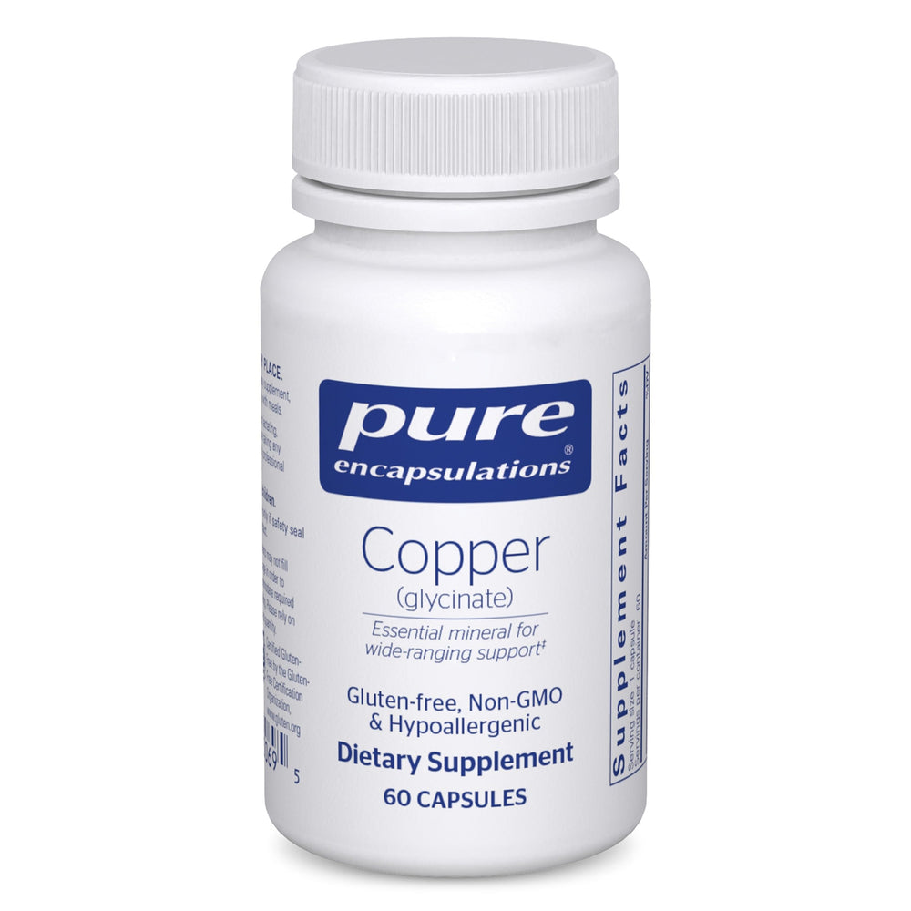 Pure Encapsulations Copper Glycinate bottle front for daily mineral support