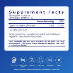 Copper Glycinate capsules closeup showing 2 mg dosage per capsule