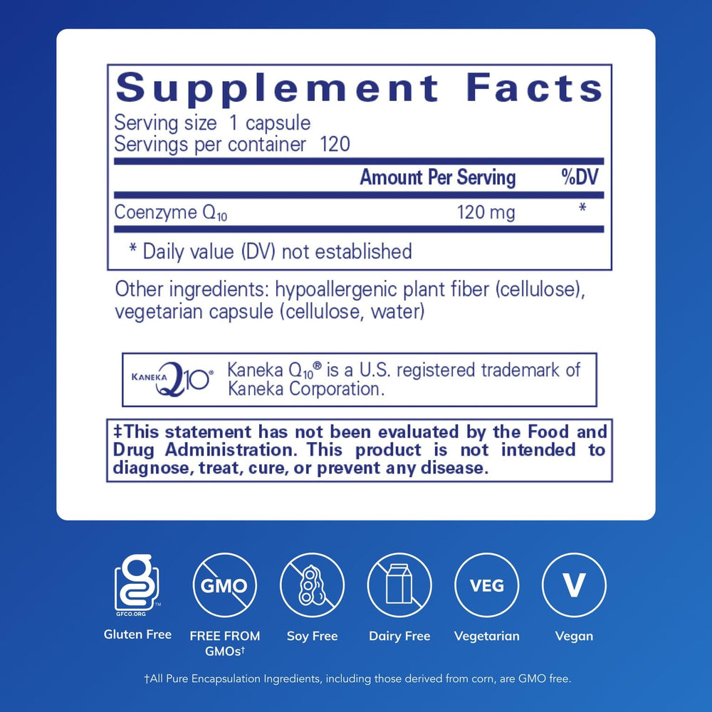 Pure Encapsulations CoQ10 120 mg bottle back label highlights ingredients and allergen-free formula