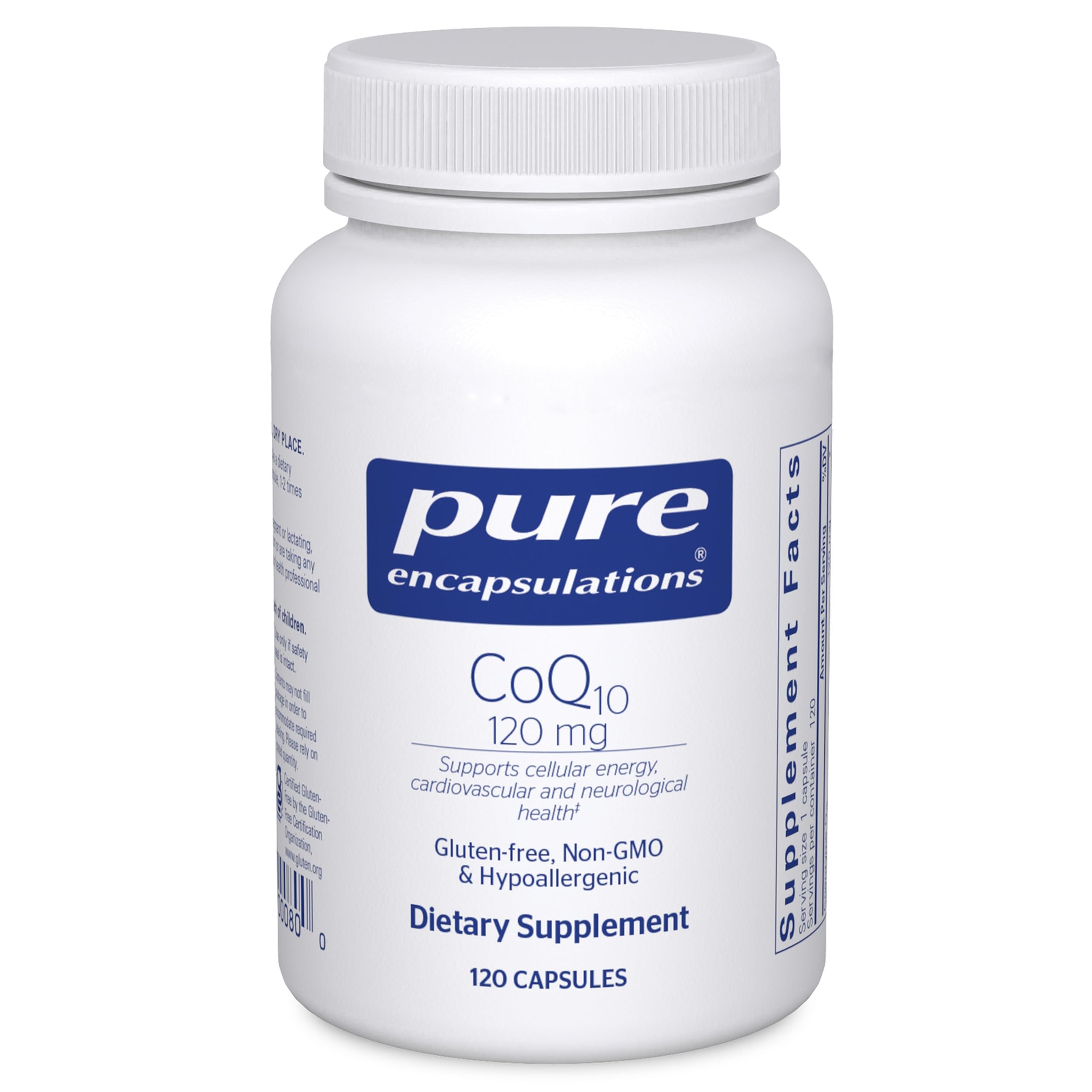 Pure Encapsulations CoQ10 120 mg bottle front view promoting heart and cellular health