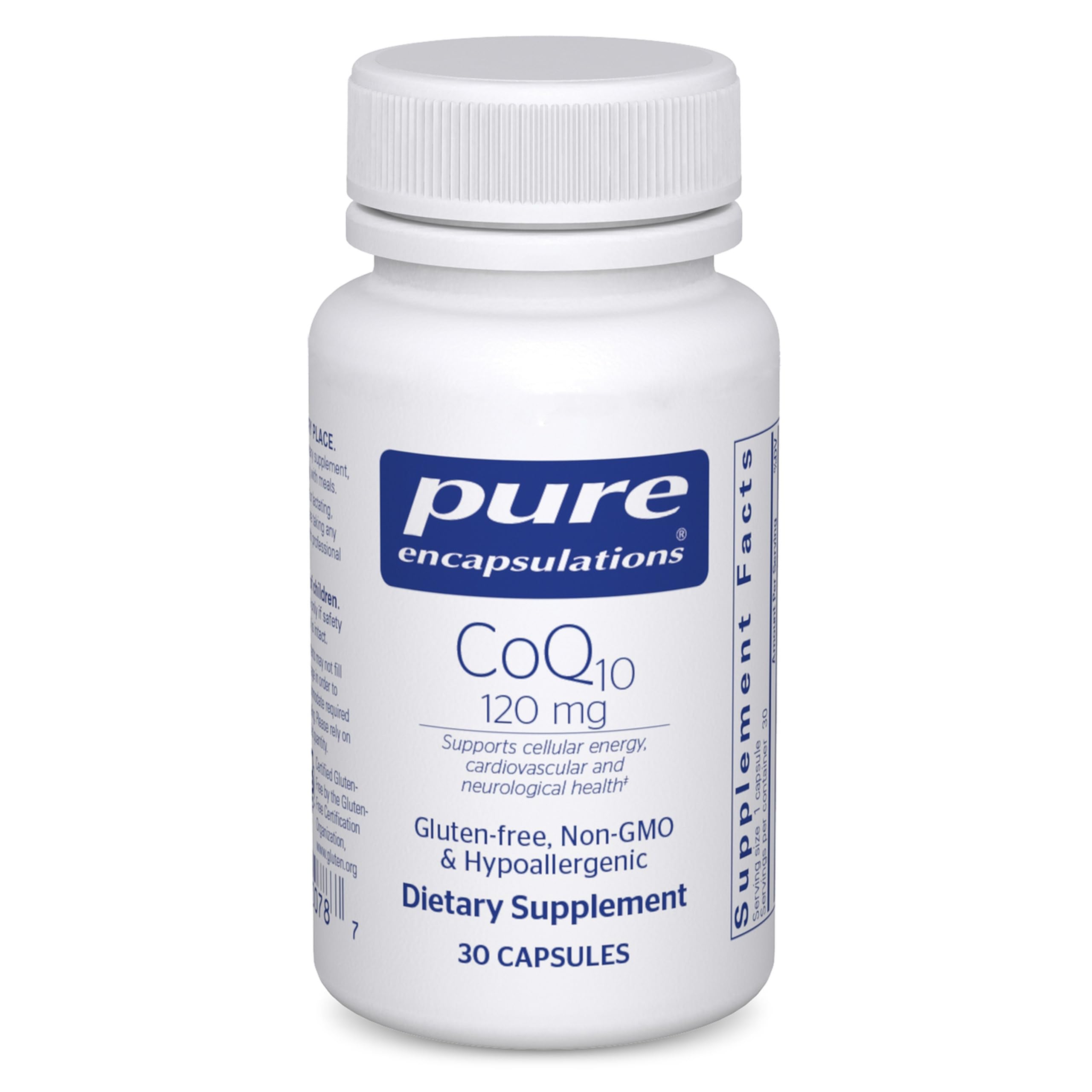 Pure Encapsulations CoQ10 120 mg bottle highlighting heart health support and cellular energy.