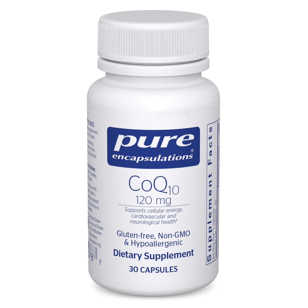 Pure Encapsulations CoQ10 120 mg bottle highlighting heart health support and cellular energy.