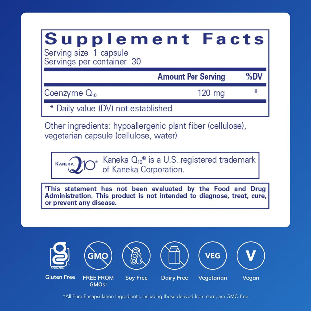 Pure Encapsulations CoQ10 capsules shown for steady energy support and daily vitality.