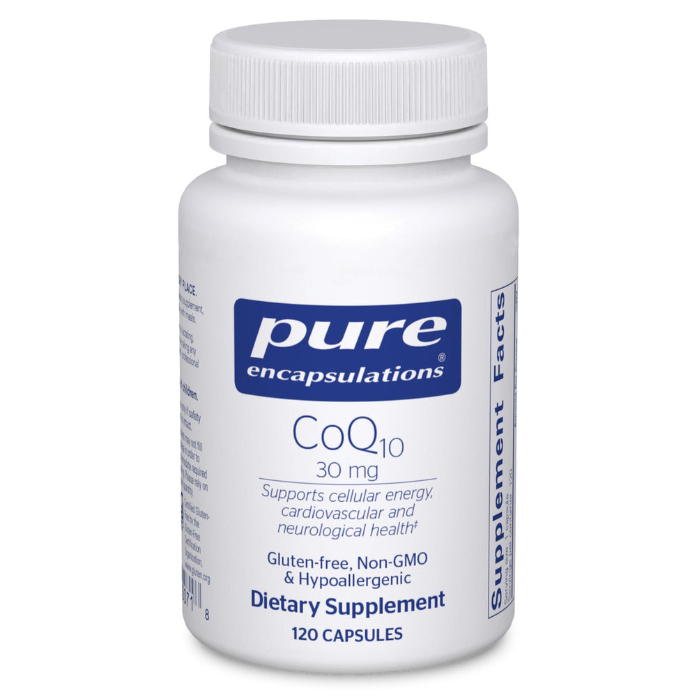 Pure Encapsulations CoQ10 30 mg bottle supports cellular energy and overall wellness.