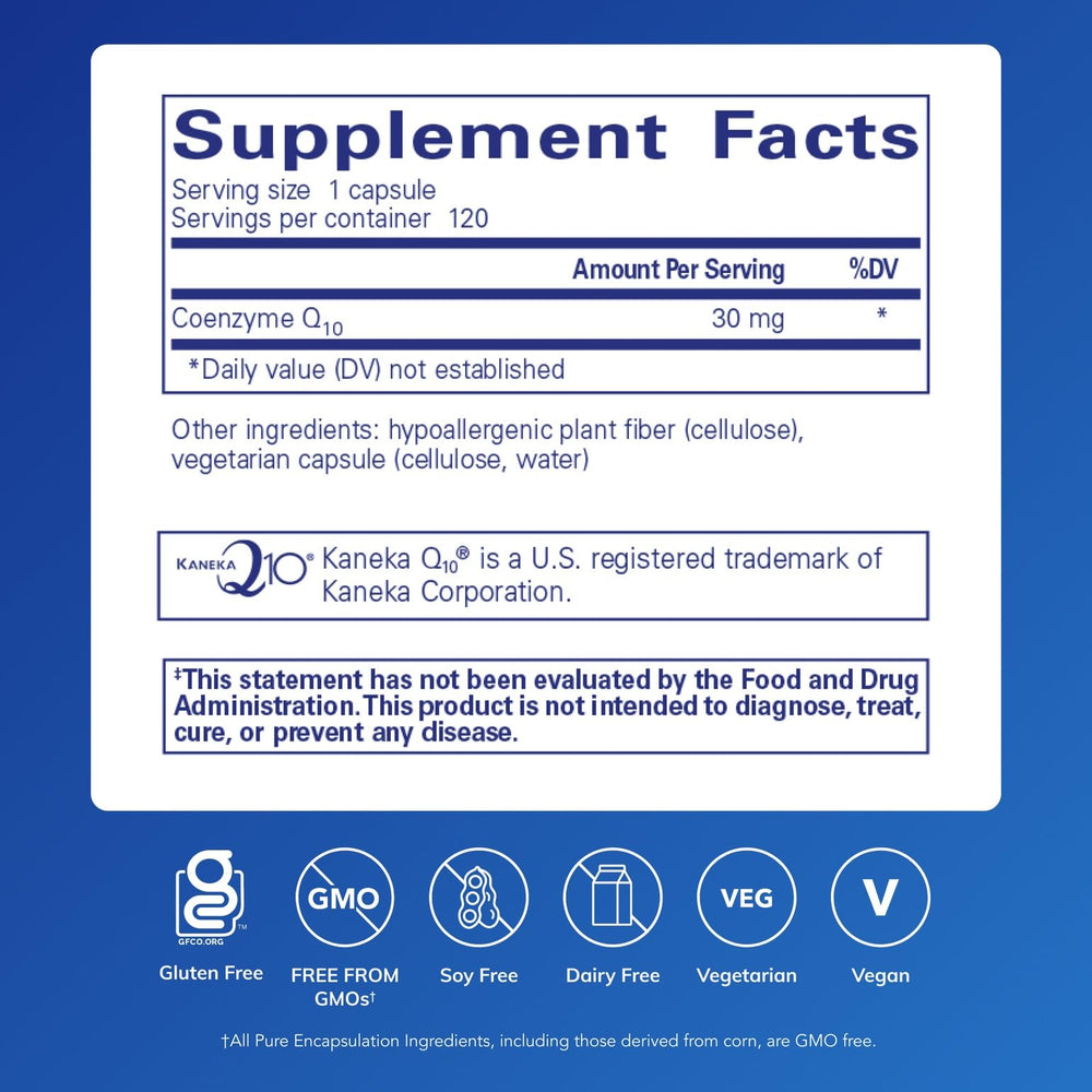 CoQ10 30 mg capsules ready for daily antioxidant support with Pure Encapsulations.