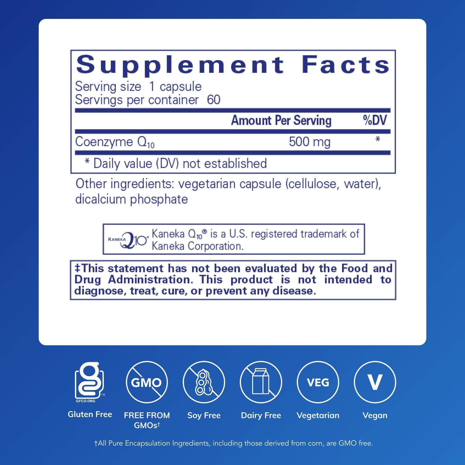 Pure Encapsulations CoQ10 500 mg bottle label detail highlighting purity