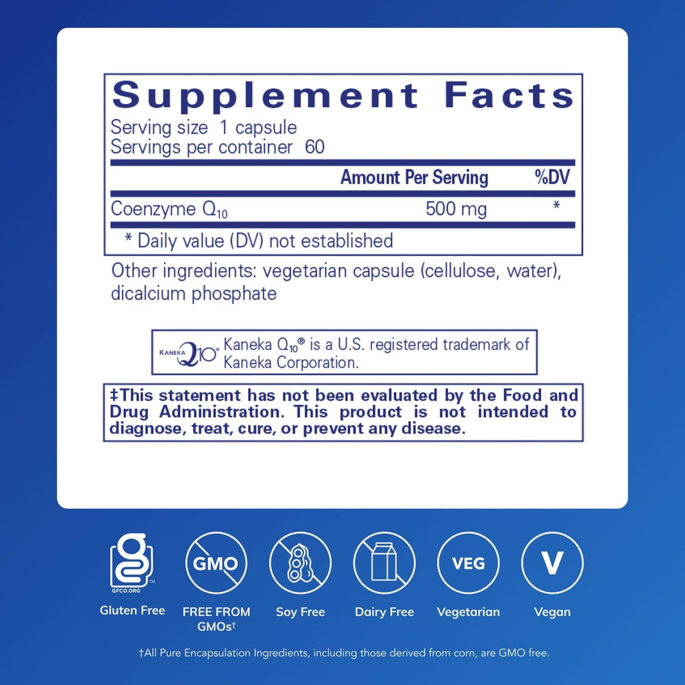 Pure Encapsulations CoQ10 500 mg bottle label detail highlighting purity