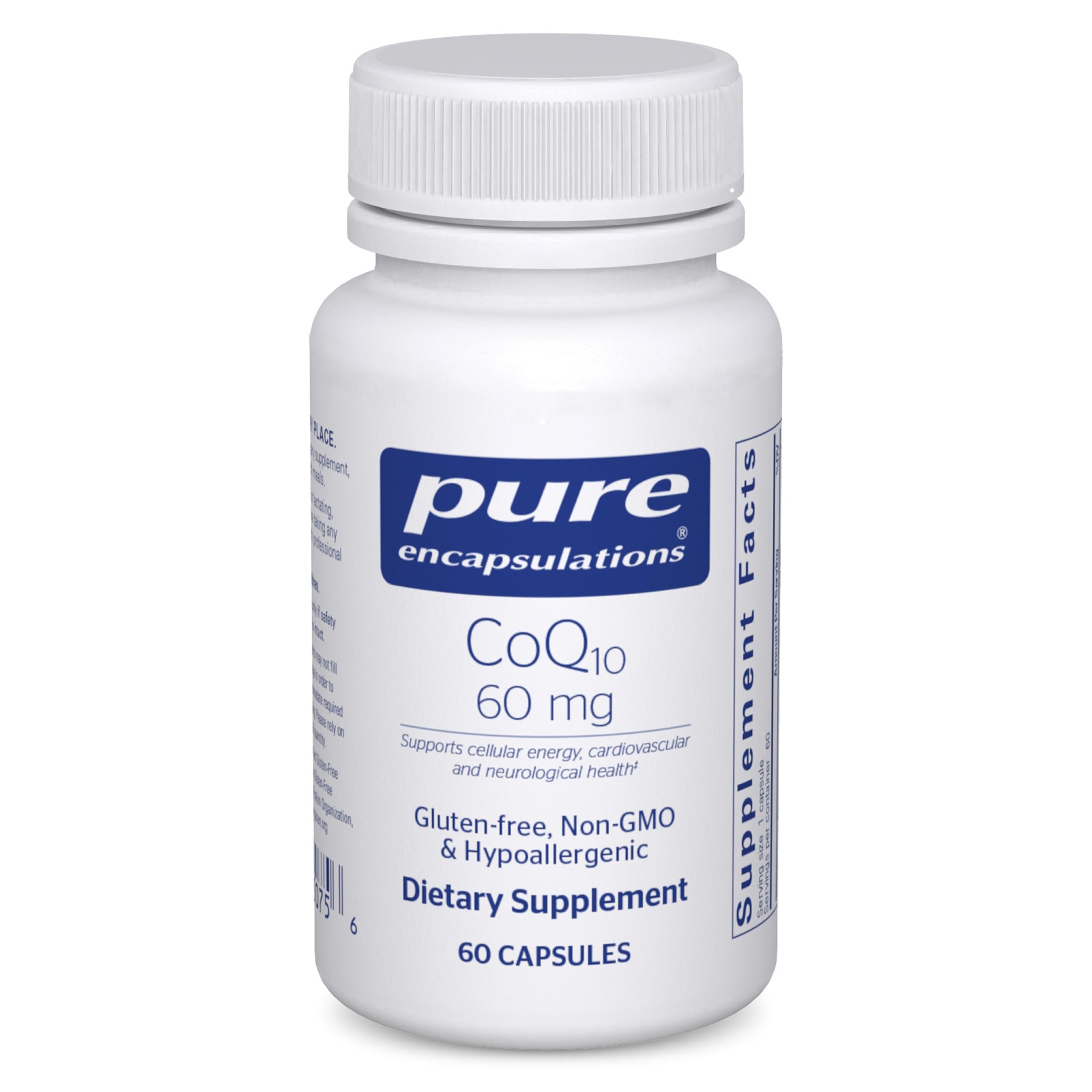 Pure Encapsulations CoQ10 60 mg bottle closeup for daily energy support.