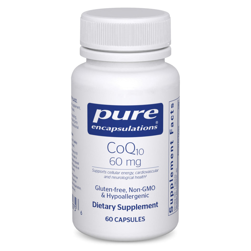 Pure Encapsulations CoQ10 60 mg bottle closeup for daily energy support.