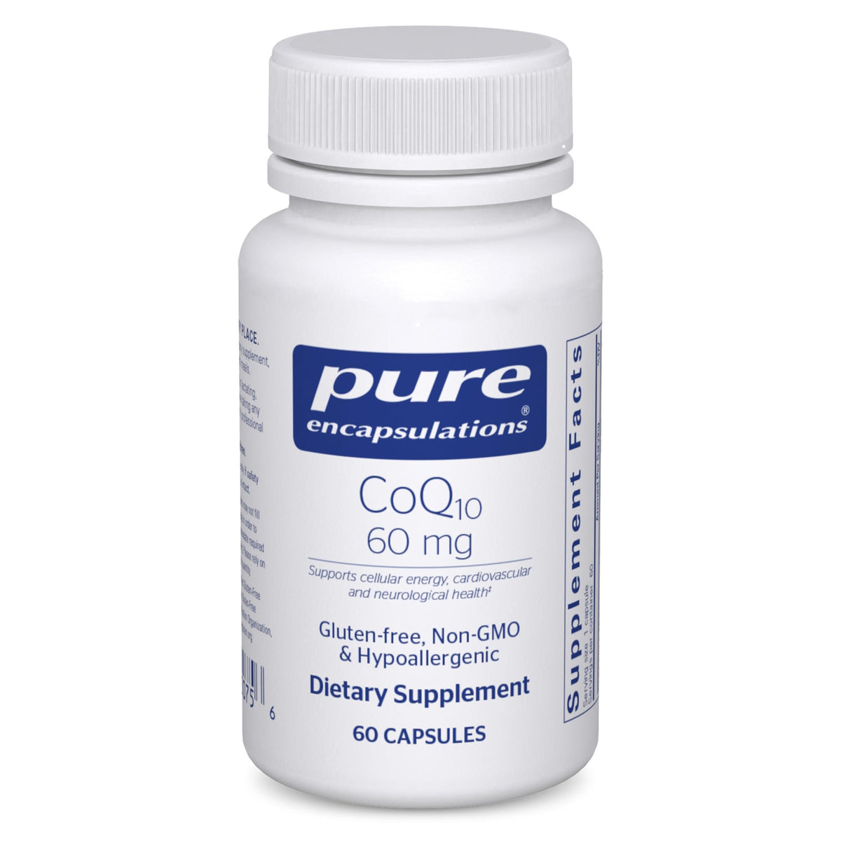 Pure Encapsulations CoQ10 60 mg bottle closeup for daily energy support.