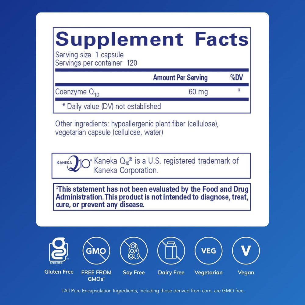Pure Encapsulations CoQ10 60 mg bottle side view detailing ingredients