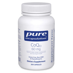 Pure Encapsulations CoQ10 60 mg bottle with clear label for energy support.