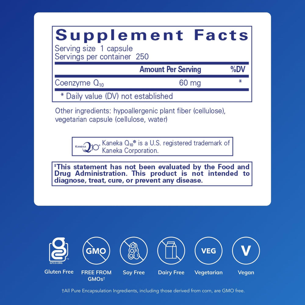 Pure Encapsulations CoQ10 60 mg capsules for cardiovascular support in daily routines.