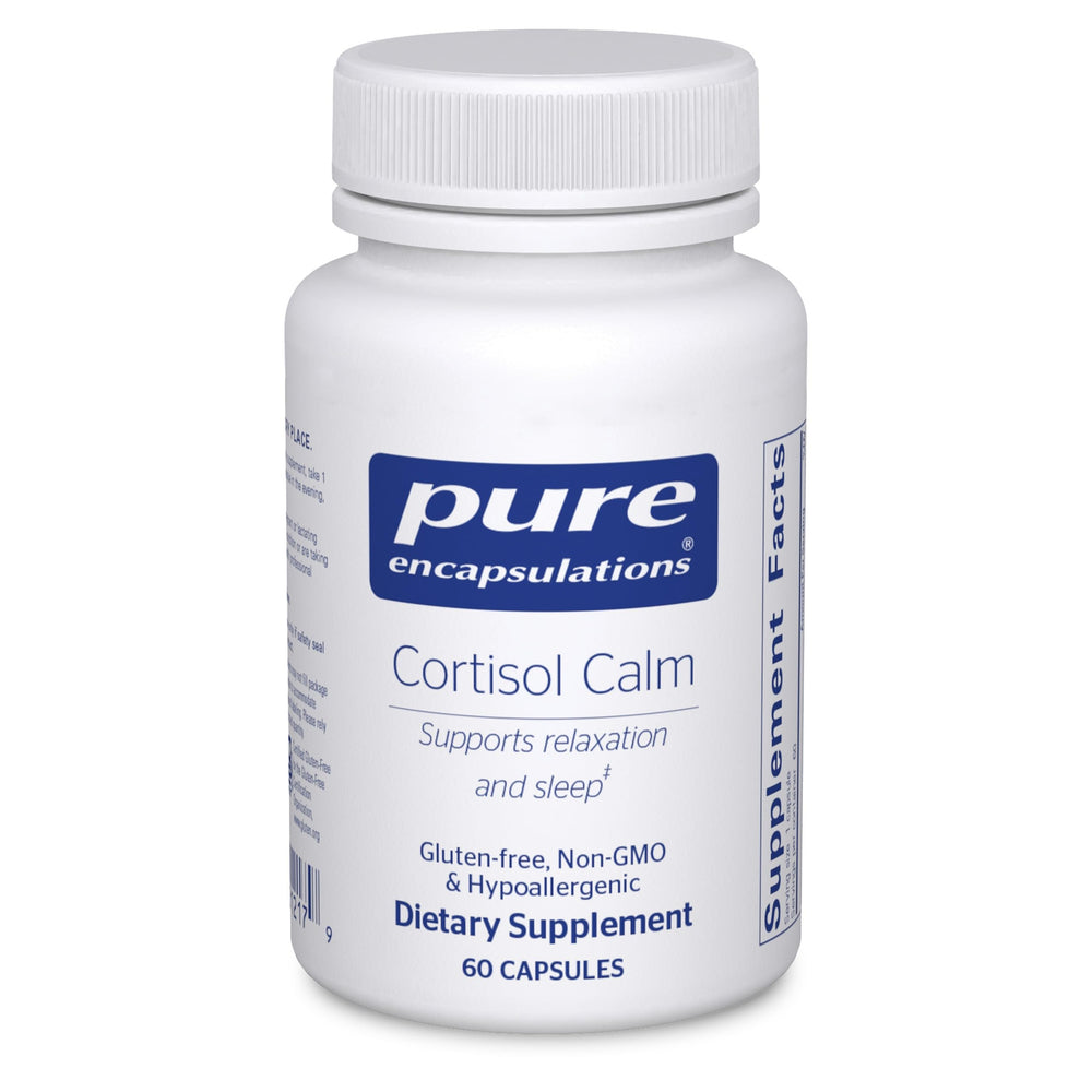 Pure Encapsulations Cortisol Calm bottle on shelf for stress support.