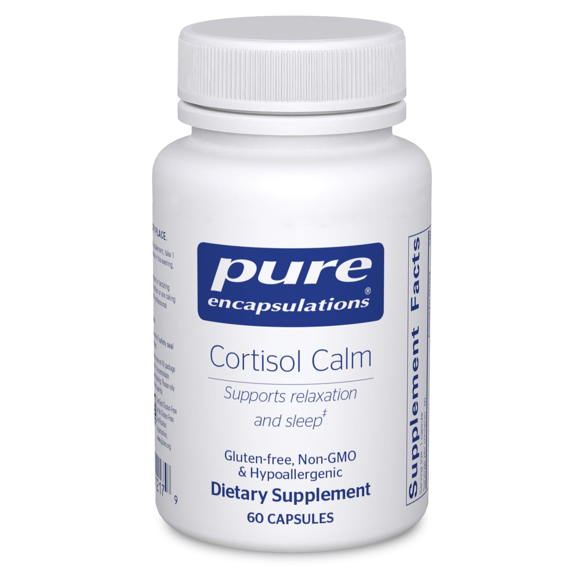Pure Encapsulations Cortisol Calm bottle on shelf for stress support.