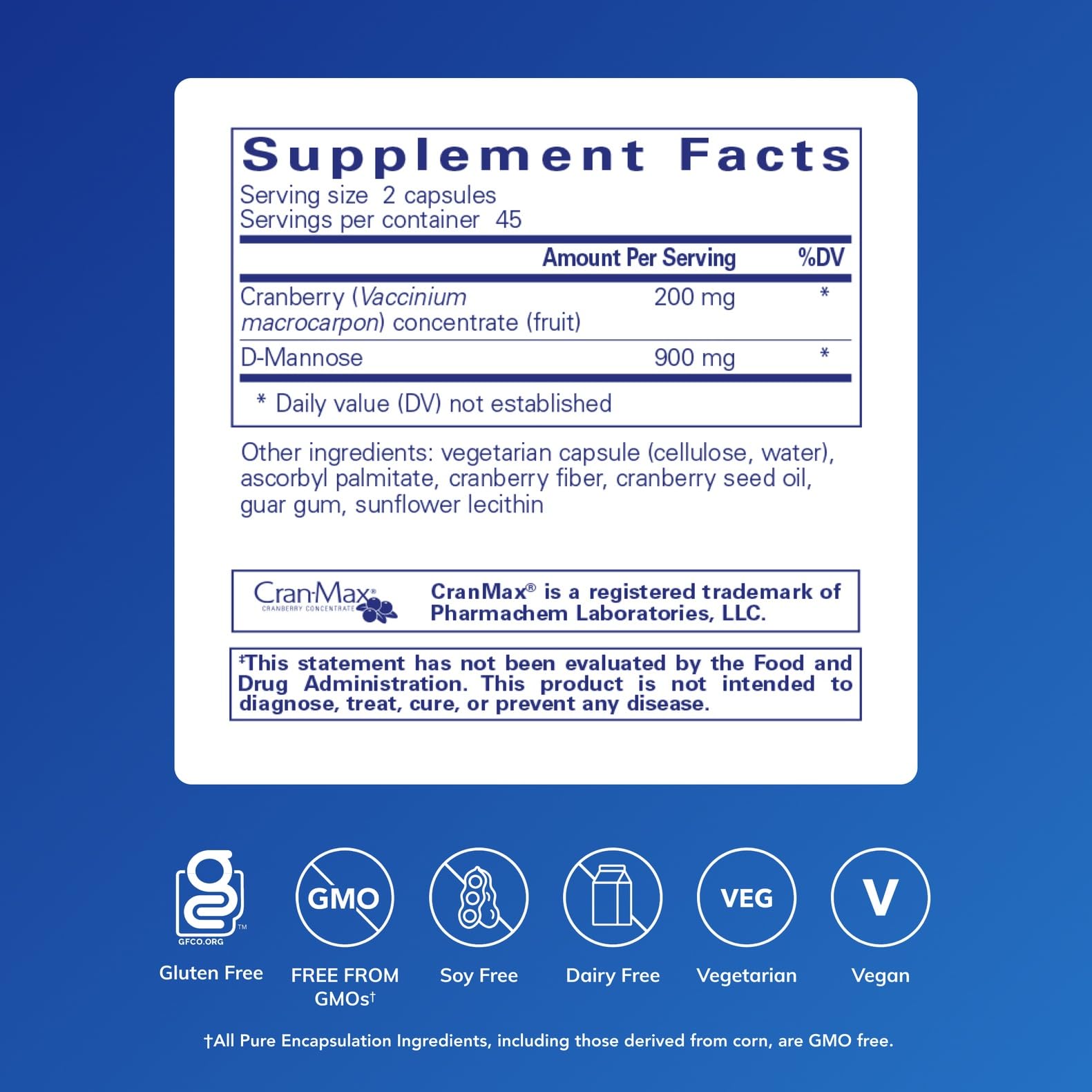 Close-up of Pure Encapsulations Cranberry D-Mannose capsules for daily urinary health support