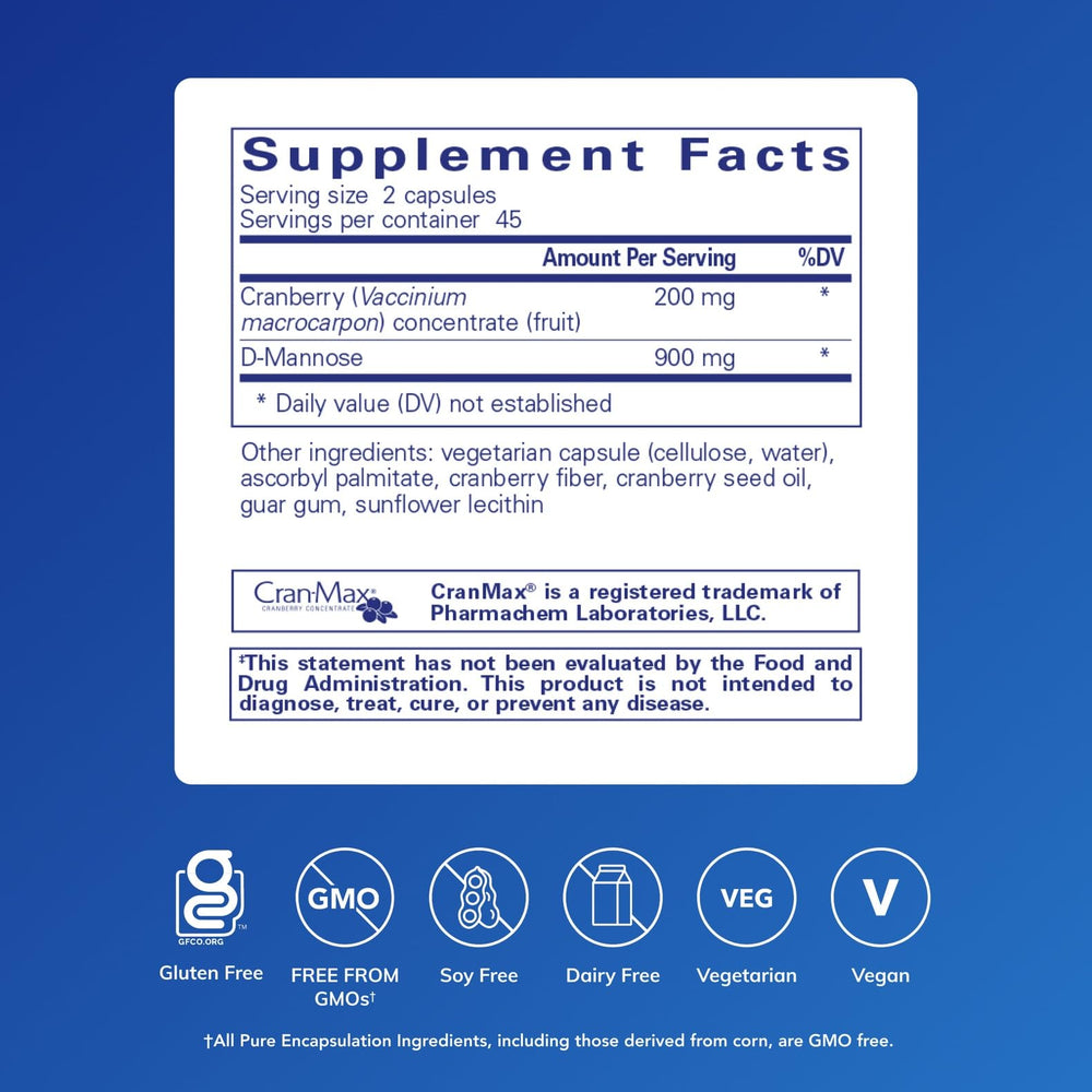 Close-up of Pure Encapsulations Cranberry D-Mannose capsules for daily urinary health support