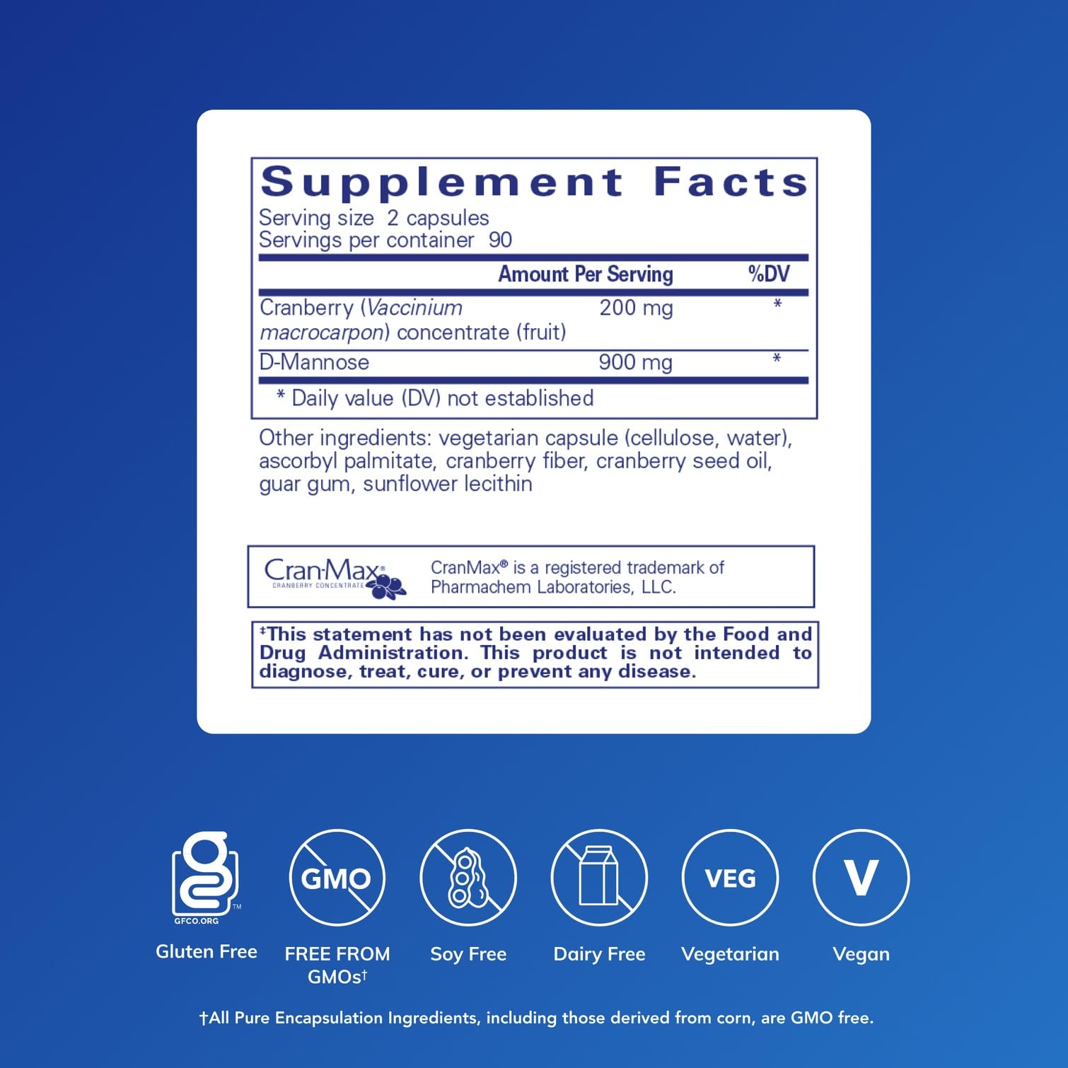 Pure Encapsulations Cranberry D-Mannose capsules closeup highlighting vegan, non-GMO formulation