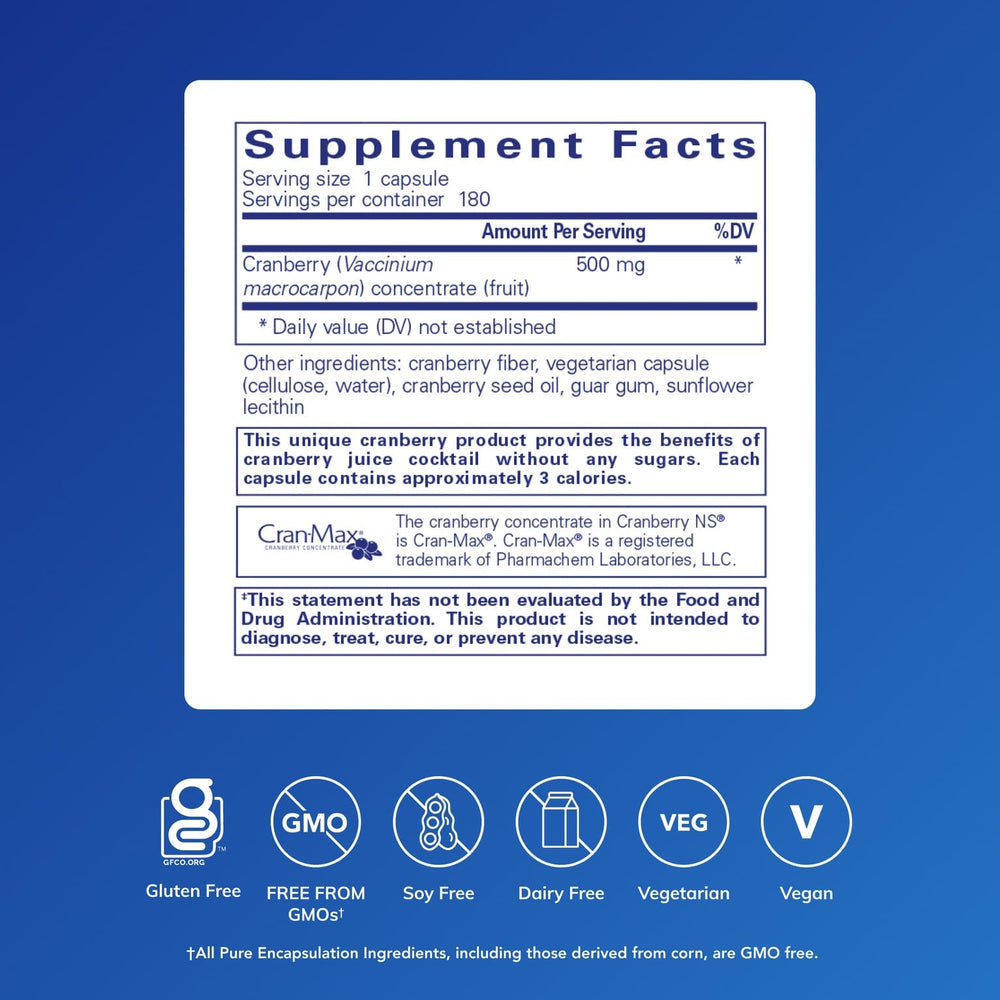 Pure Encapsulations Cranberry NS bottle side view showcasing hypoallergenic formula.