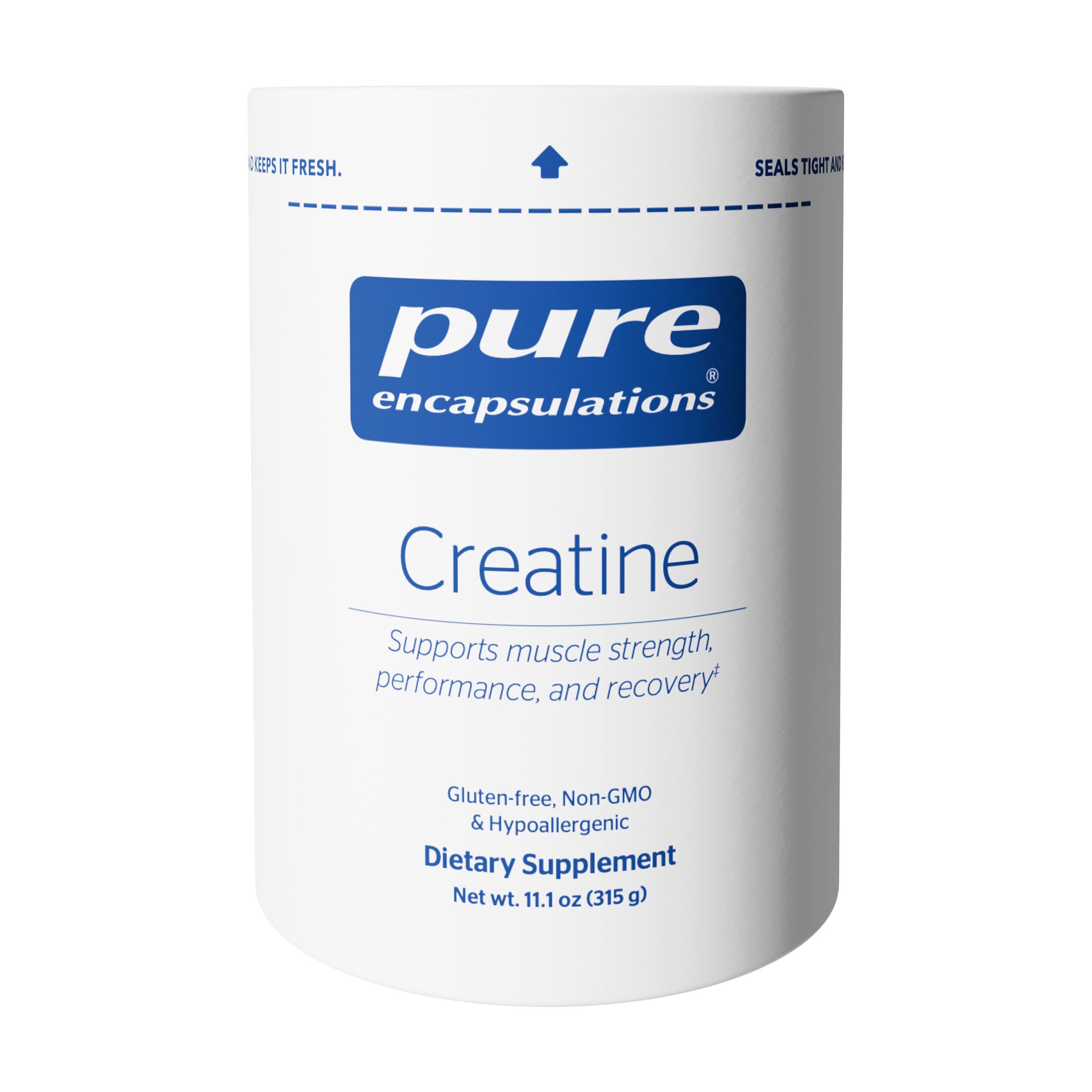 Pure Encapsulations creatine bottle label highlights allergen-free formula for workouts