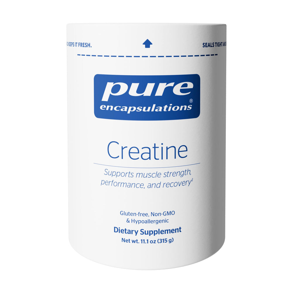 Pure Encapsulations creatine bottle label highlights allergen-free formula for workouts