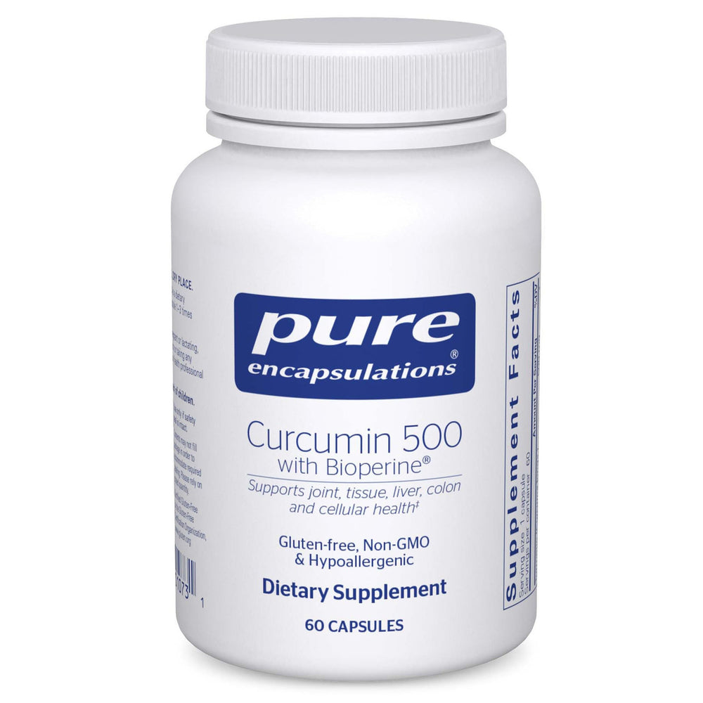 Pure Encapsulations Curcumin 500 with Bioperine bottle hints at antioxidant support for daily wellness