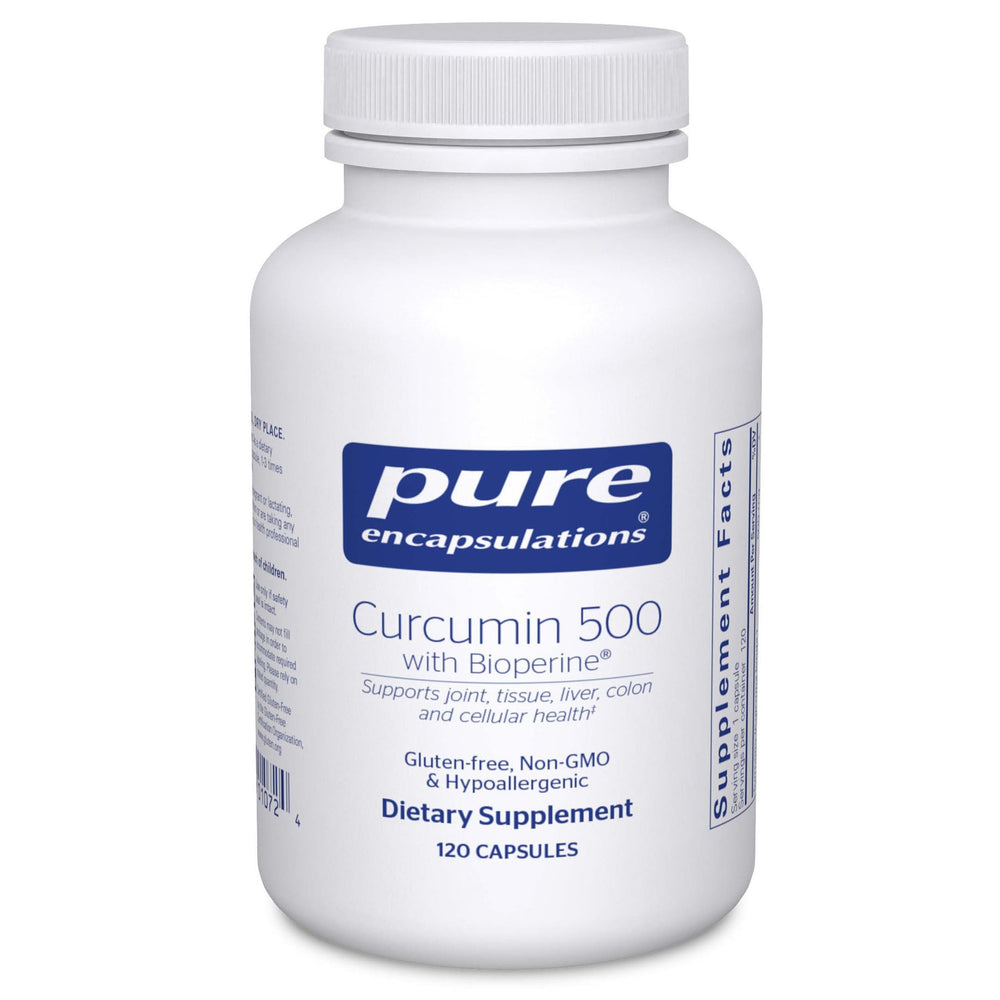 Pure Encapsulations Curcumin 500 with Bioperine bottle on desk supports antioxidant defense.