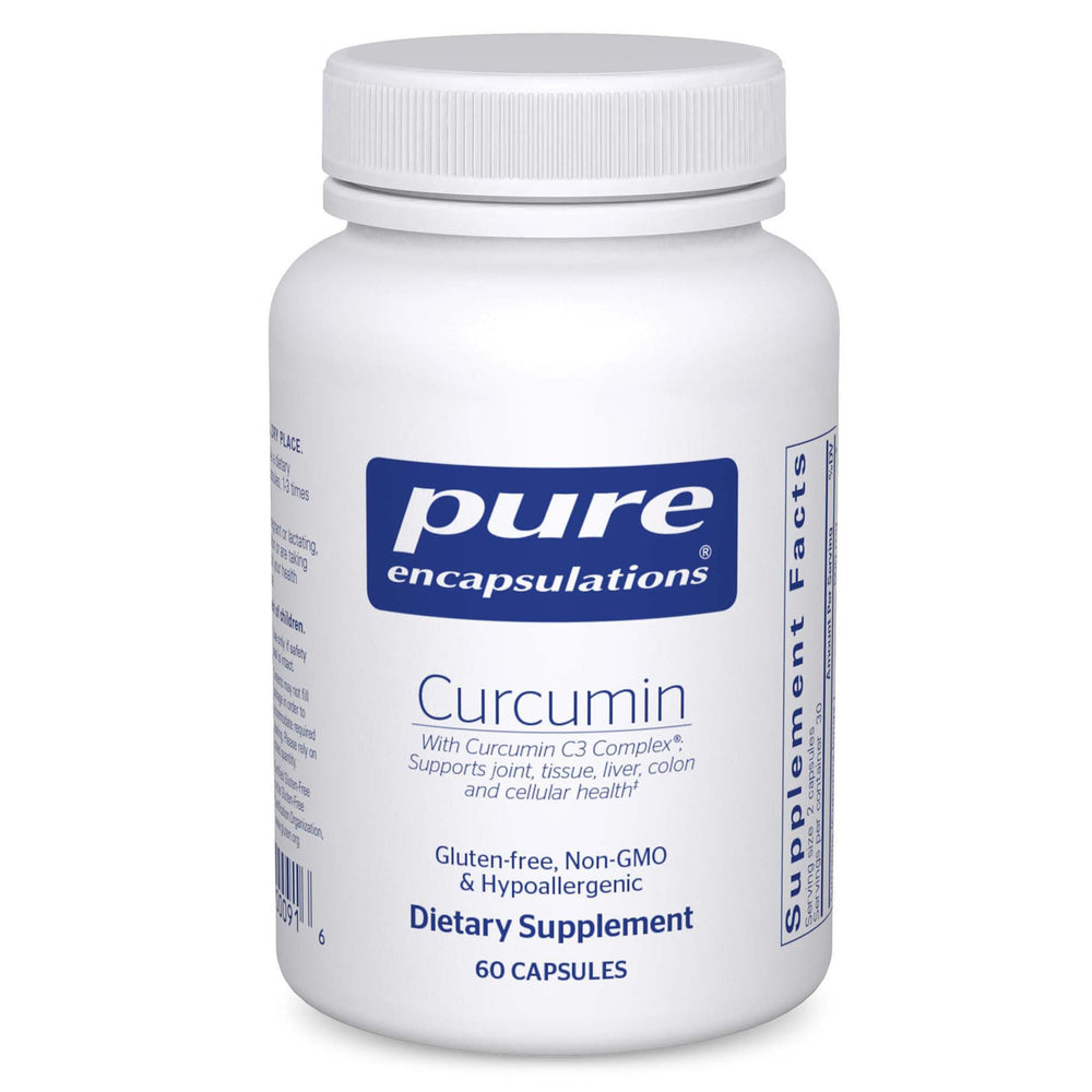 Pure Encapsulations Curcumin 500mg bottle front showing joint and liver support features