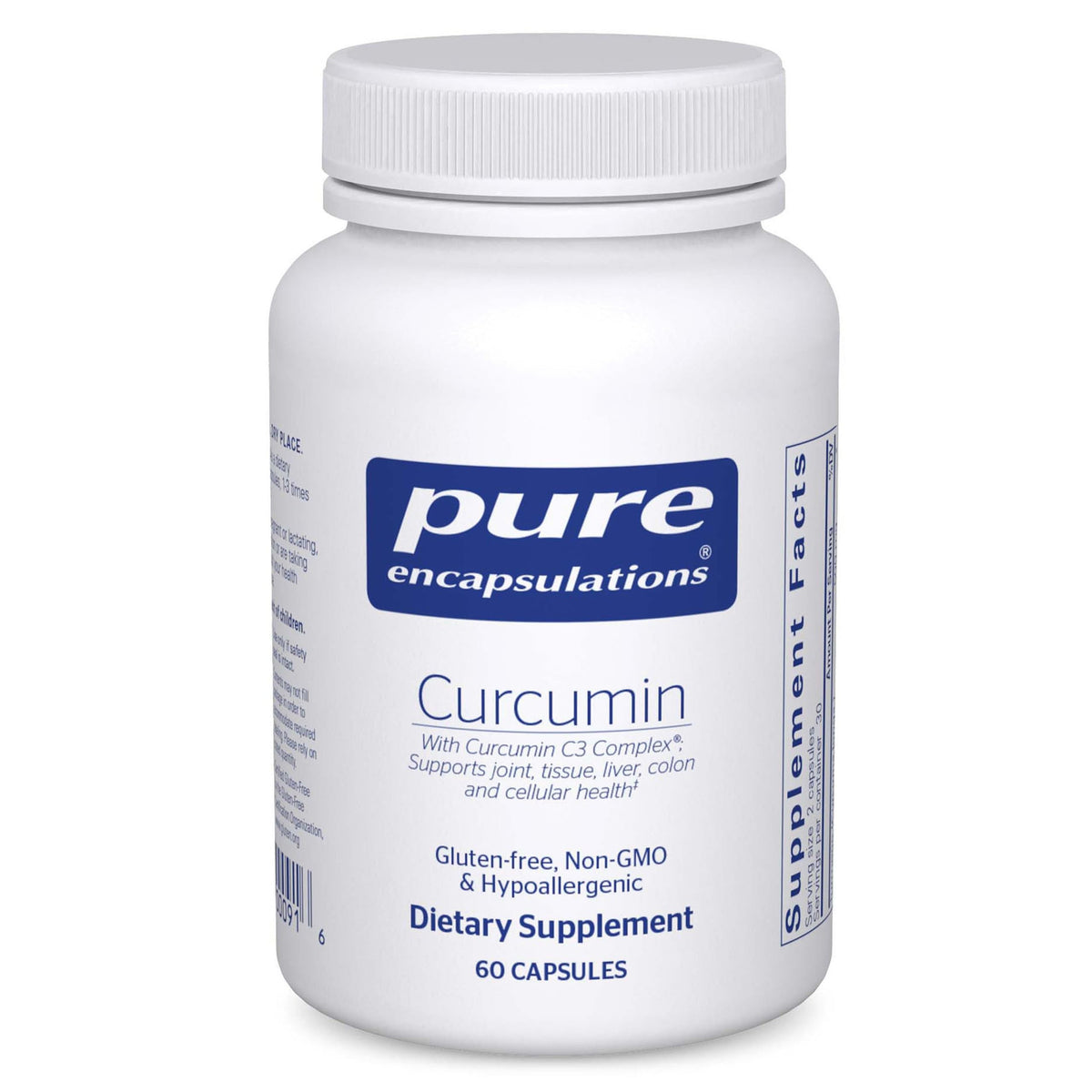 Pure Encapsulations Curcumin 500mg bottle front showing joint and liver support features
