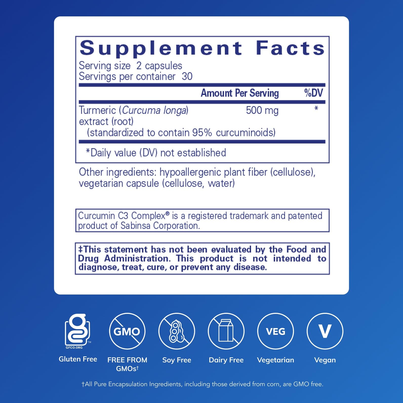 Curcumin 500mg capsules closeup highlighting vegan and non-GMO formulation